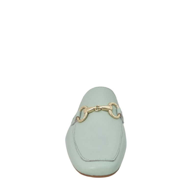 Mules vera pelle verde acqua con morsetto oro