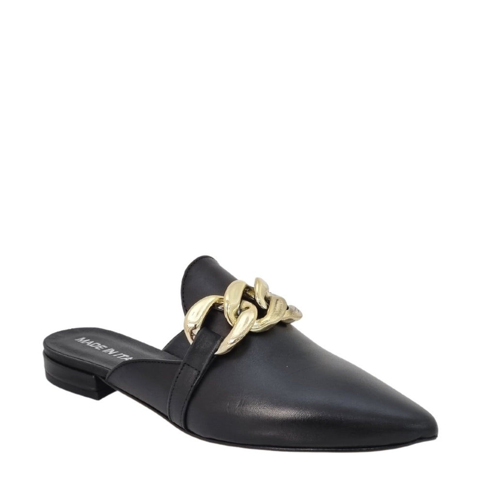Slippers a punta nere con catena oro